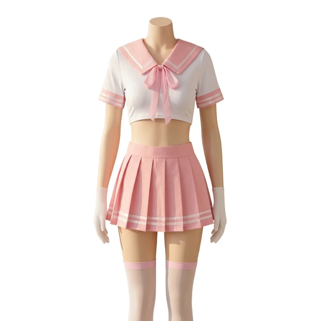 Women's Japanese School Girl Uniform Set Cropped Sailor Top and Striped Pleated Mini Skirt for Anime Cosplay Halloween Role Play