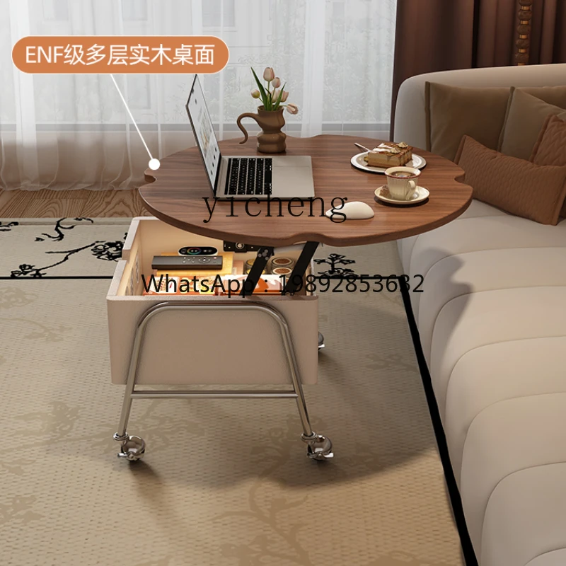 

XLL cream wind rock slab round table coffee table can be lifted and lowered retro round mobile small tea table