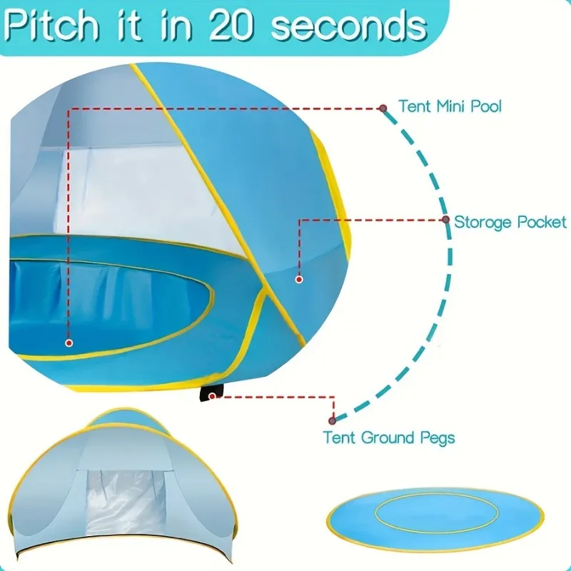 Large Foldable Kids Beach Play Tent with Water Pool Easy Setup Durable Polyester Portable for Outdoor Camping Blue Yellow Trim