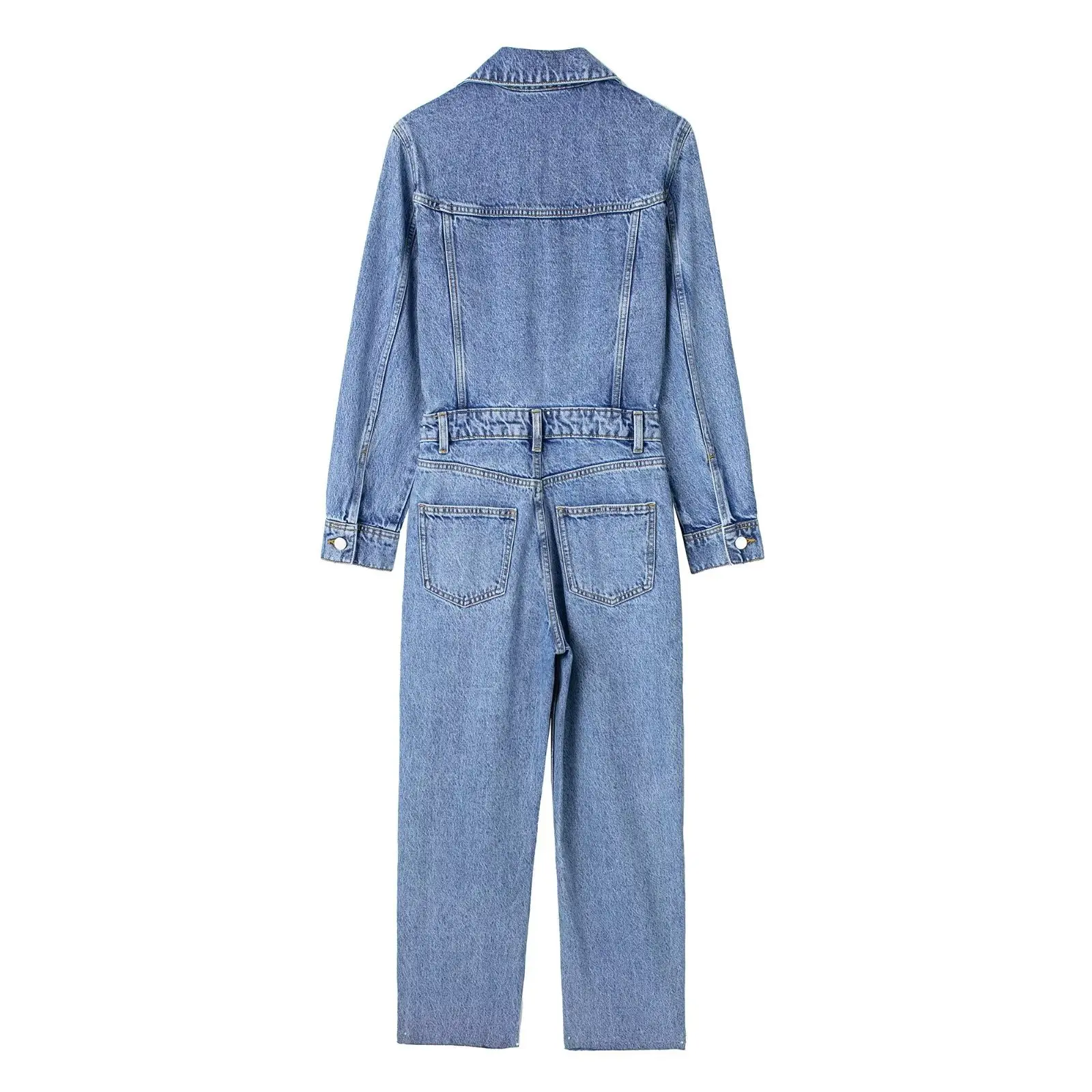 Fashion Y2K Denim Jumpsuit Women 2024 New Autumn Vintage Long Sleeve Patch Pockets Blue Straight Jumpsuit Lapel Collar Outfits