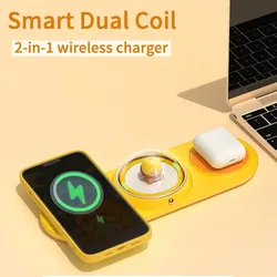 2 in 1 Wireless Charger Pad LED Night Light Cute Cartoons Fast Charging Dock Station For iPhone 14 13 12 Samsung For Airpods Pro