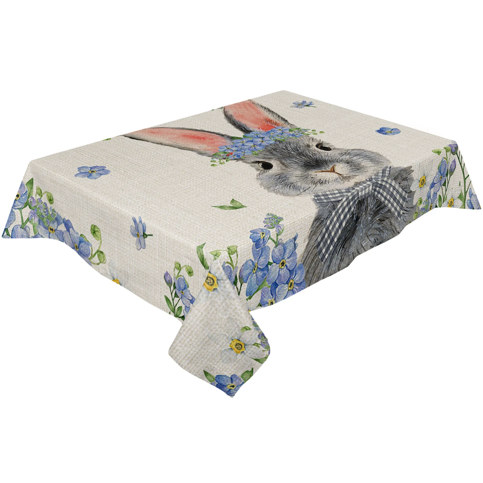 Easter Bunny Blue Flower Table Cloth Waterproof Dining Tablecloth Kitchen Decorative Party Table Cover