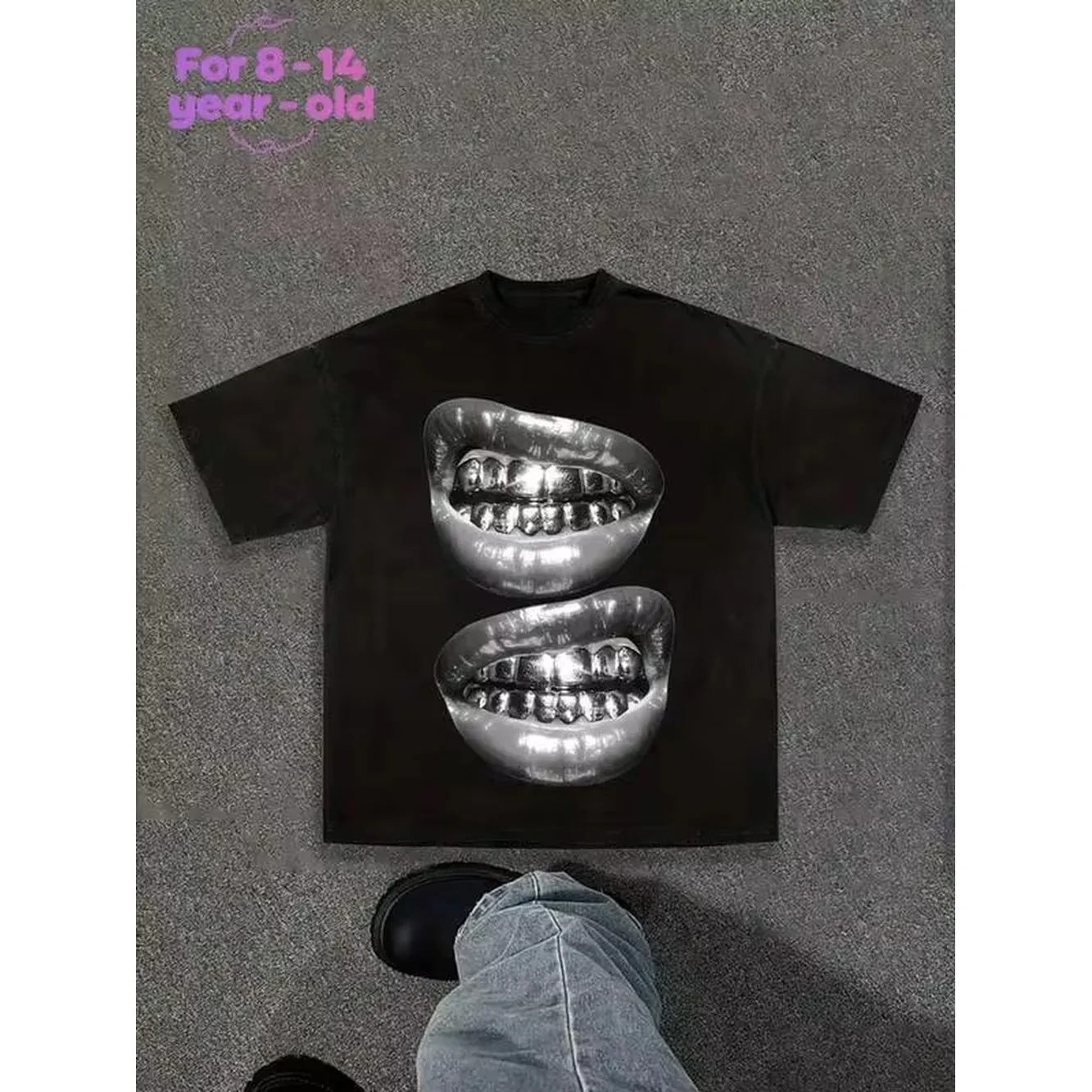 Teen Girl Clothes, Graphic Tees, With Silver Teeth Pattern, Short Sleeved T-Shirt For Teenagers, Teeth Printed T-Shir, Breathable Fabric, Y2k Style.