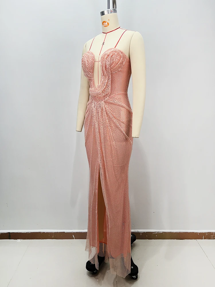 VC Gala Robe sans bretelles en maille transparente rose corail pour femme avec col en V et fente haute pour robe de gala de fête