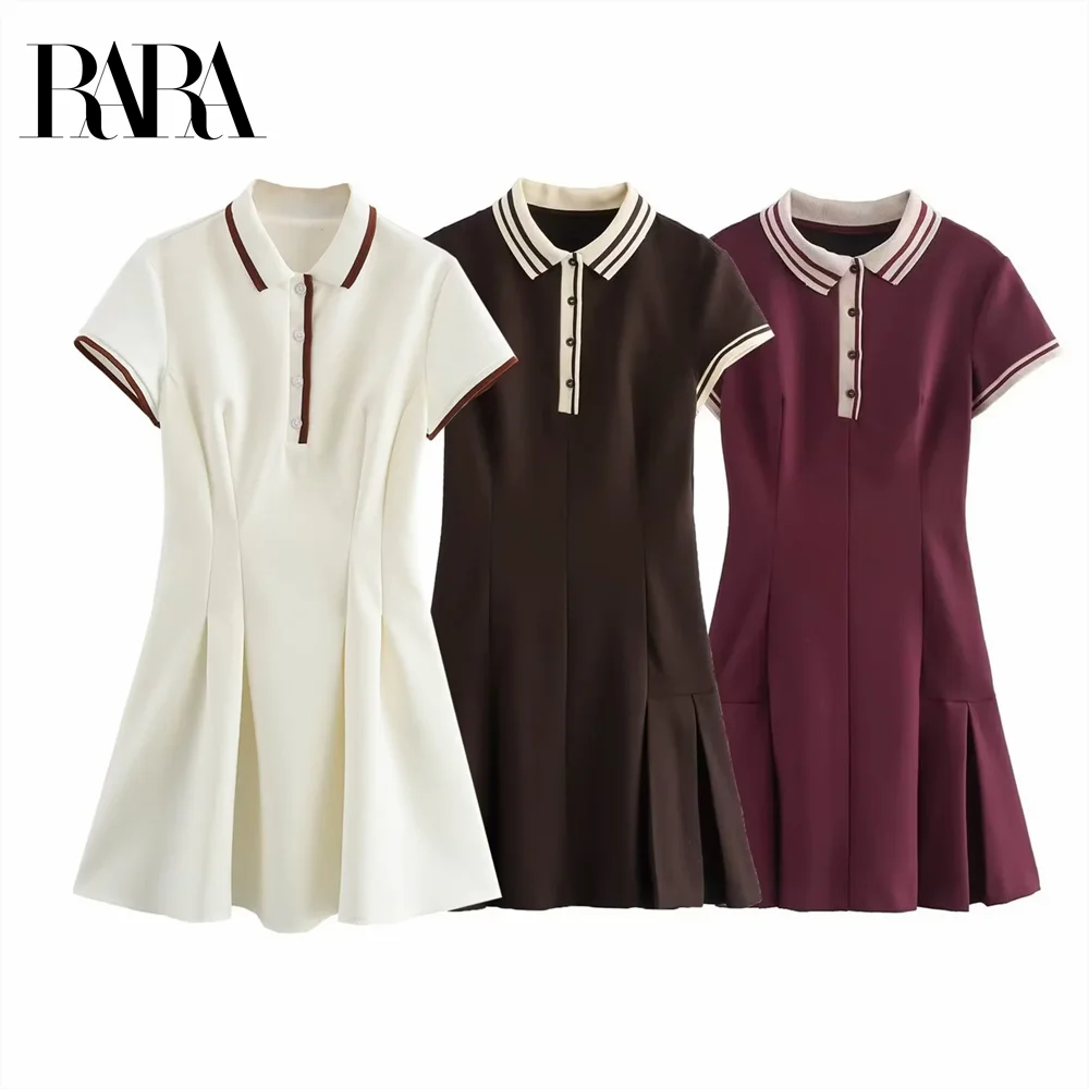 

RARA 2025 contrast color ribbed short-sleeved dress casual style college style short skirt spring new women's clothing