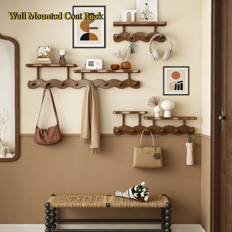 壁掛けコートラック-フック付き収納フローティングシェルフ-衣類用キーハンガー-スカーフホルダー-玄関廊下家具