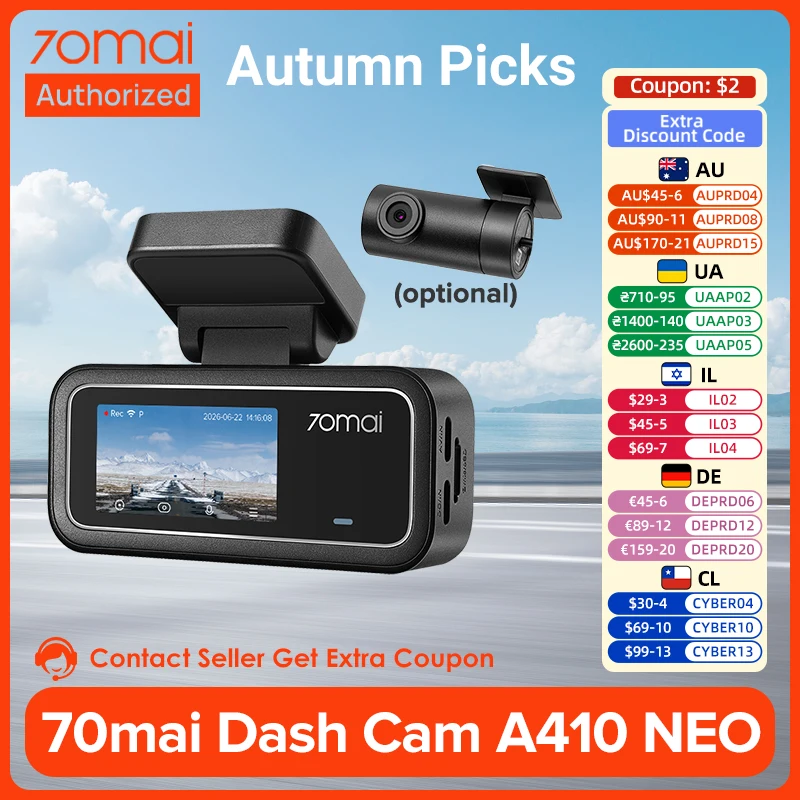 70mai Dash Cam A410 Neo 2.5K HDR Car Camera DVR Built‑in GPS HDR