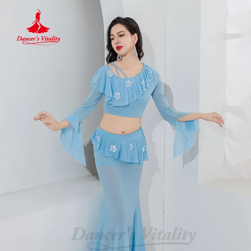 Stroje do tańca brzucha, siateczkowa bluzka z długim rękawem + seksowna spódnica typu rybka, 2-częściowy zestaw, odzież do orientalnego tańca dla dorosłych kobiet