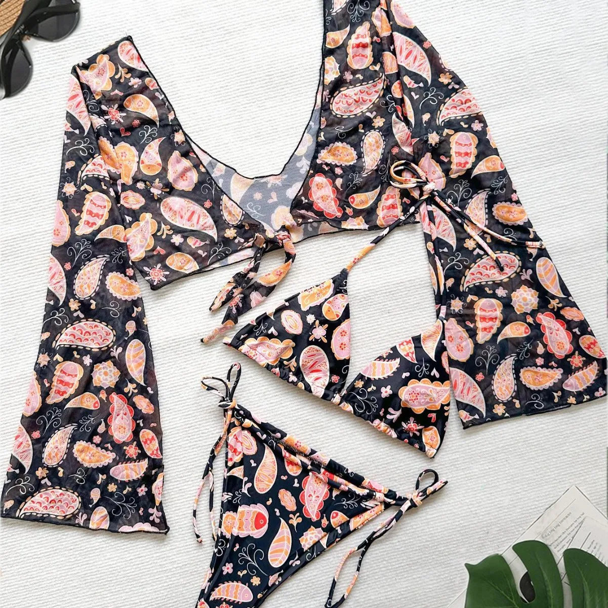 ثلاث قطع البيكينيات النساء 2025 جديد طباعة حبال مثير عالية الخصر ملابس الصيف Tankini ملابس الشاطئ ثوب السباحة للإناث
