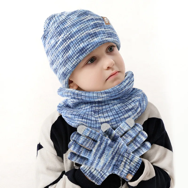 3pcs Winter Children's Knitted Hat Gloves Scarf Set Outdoor Thick Warm Beanies Hats for Kids Fleece Boys Girls Hats Scarf Set