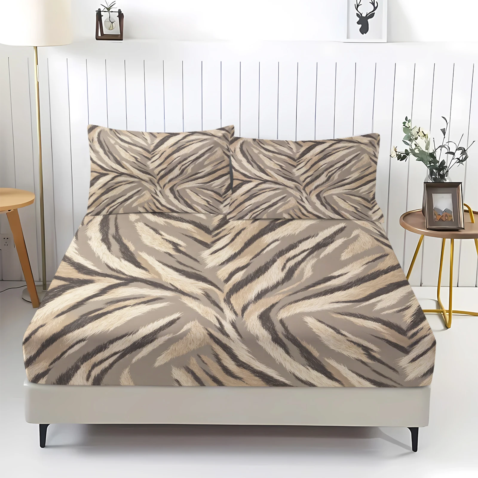 Grey Brown Tiger Stripe Fitted Sheet Set Elastic Deep Pocket Bed Sheet with Pillowcases Animal Fur Print Mattress Cover Bedding