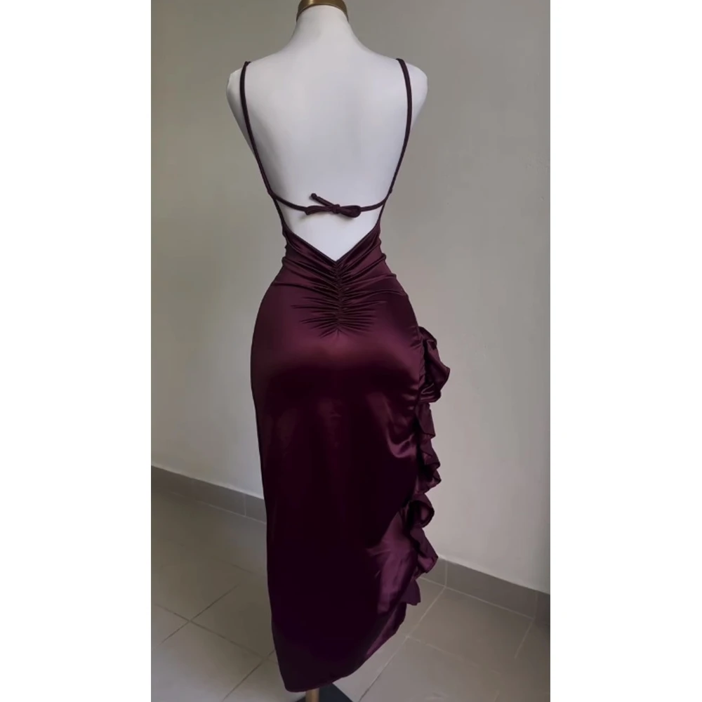 Sexy Backless Strap Dress High Waist Asymmetrical Hem Silk Glowing Polyester Fiber Tube Skirt for Travel And Other Occasions view 2