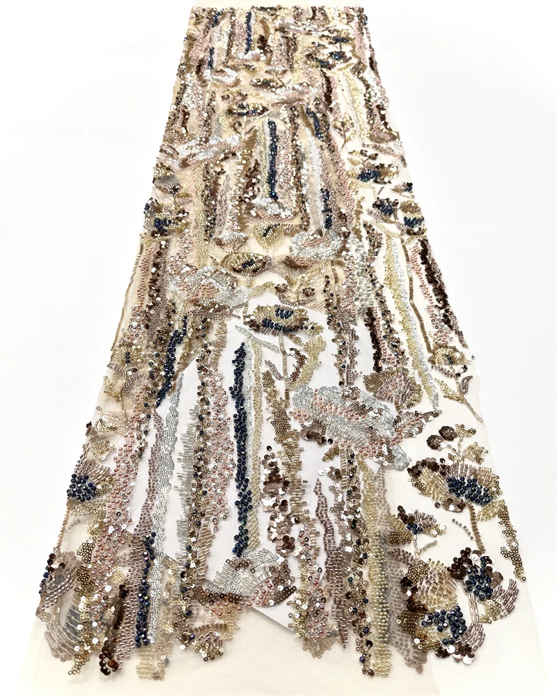Luxury French Handmade Sequin Lace Beaded Fabric for Wedding Dress Sewing Material African Nigerian Style