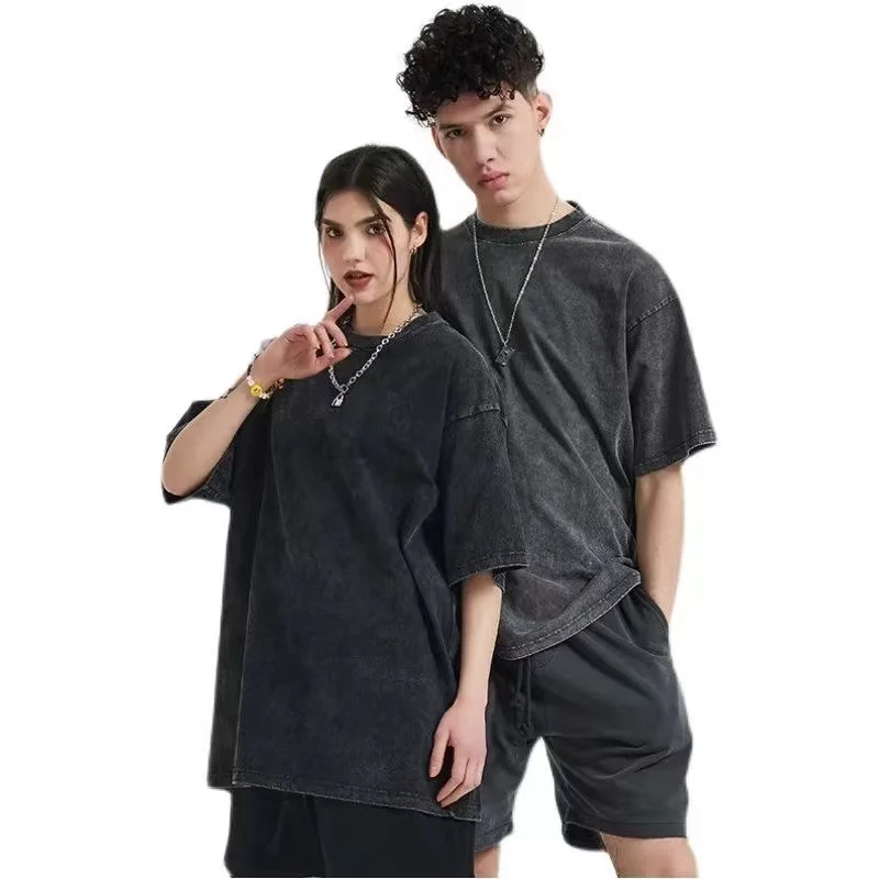 T-shirt confortable en coton lavé pour hommes et femmes, col rond, coupe oversize, manches courtes, vêtements décontractés pour