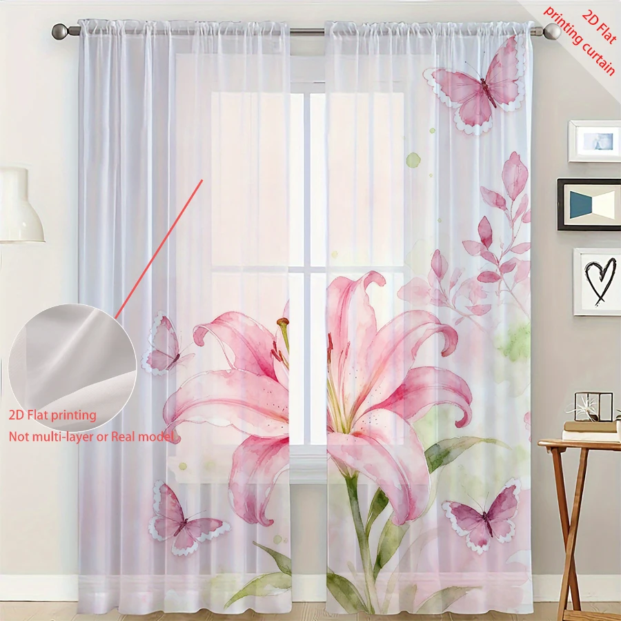 2PCS Digital Print Sheer Curtain, Pink Lily Butterfly, Vintage Floral Window Curtains for Living Room Bedroom Home Decor
