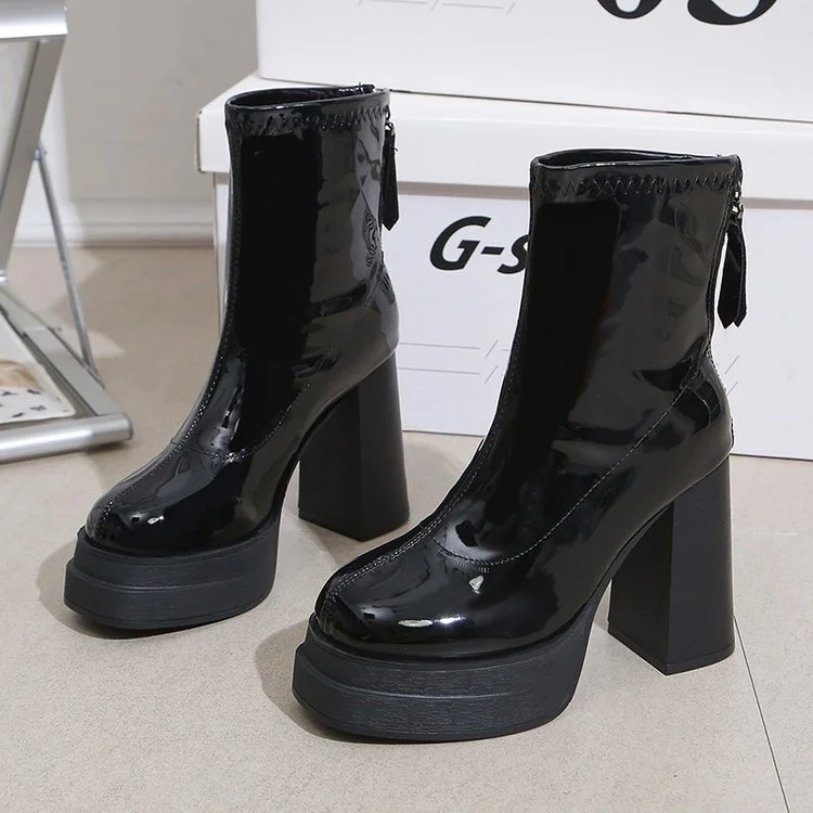 Solid Rubber Matt Bright Leather Fashion Boots