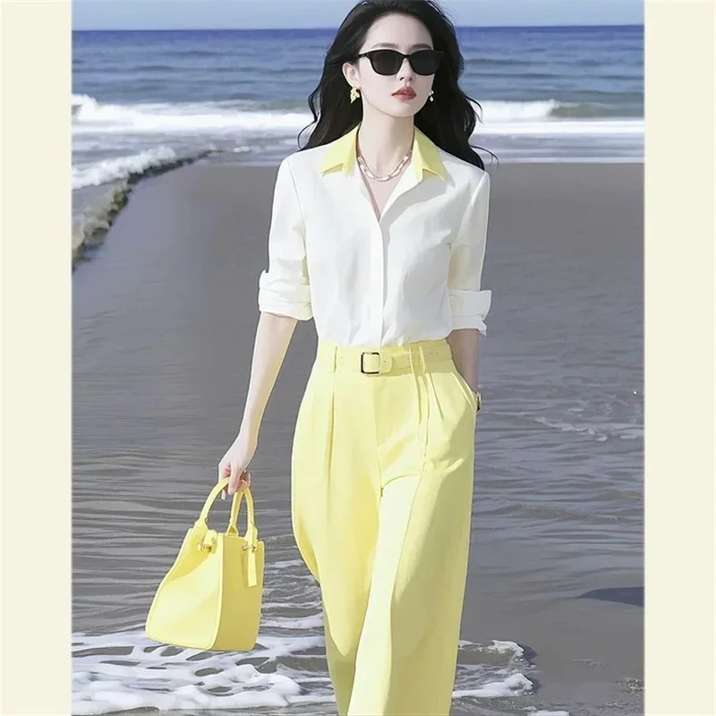 

New Spring Elegant Women's Two Piece Set Fashion Patchwork Long Sleeved Shirt Top +High Waist Wide Leg Pants Office Lady Suit