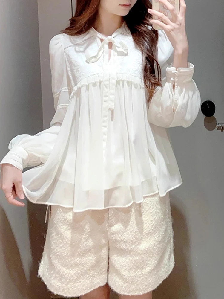 

Spring 2025 New Sweet Embroidered Collar Bow Tie Chiffon irt Pure Color Polka Dot Stand Collar Blouse Korean Sle Women's Top