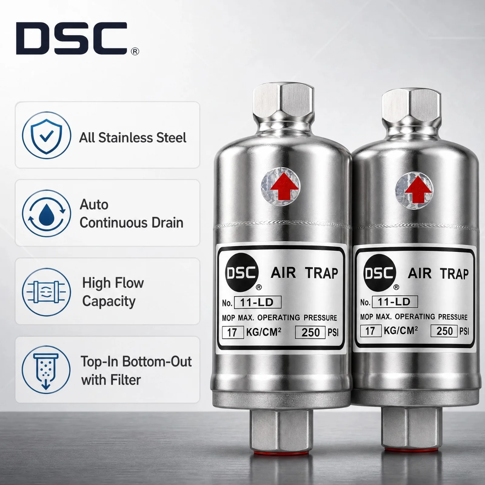 DSC 11LD Stainless Steel Float-type Automatic Drain Valve for Air Compressor – Top Inlet Bottom Outlet, Built-in Strainer, 304SS
