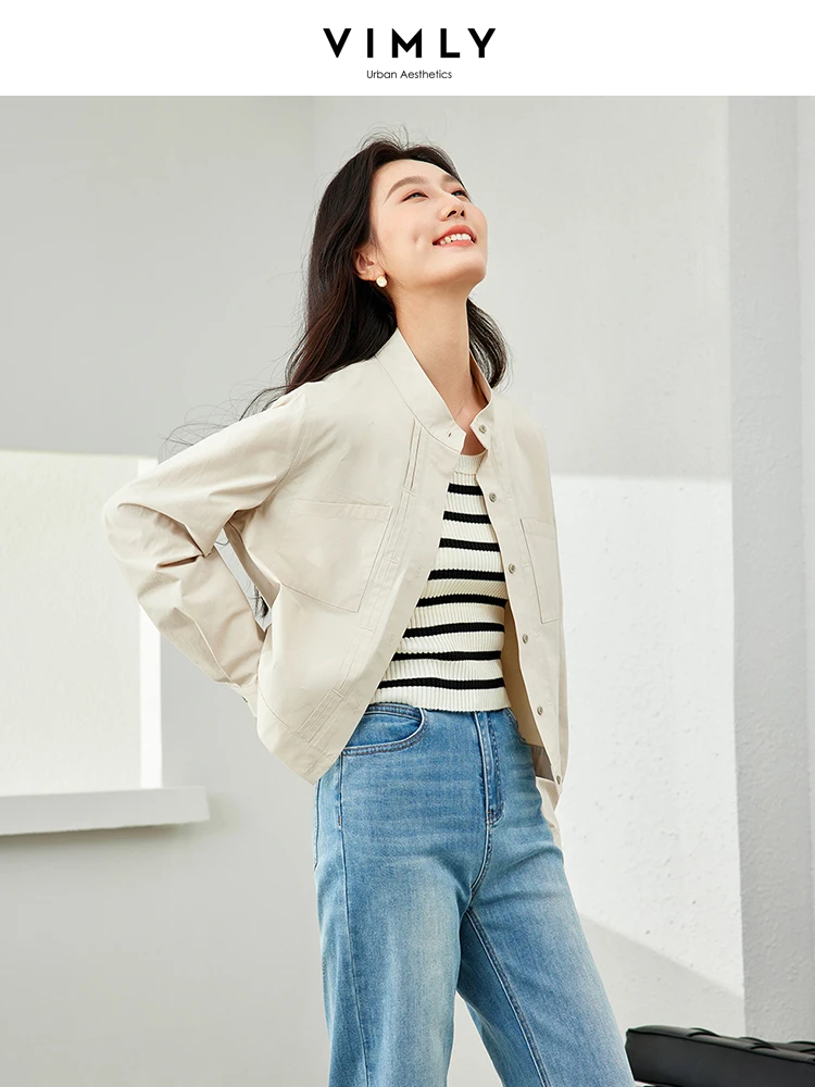 Vimly Light Khaki Cotton 100% Cropped Women Jacket 2024 Spring Stand Collar Single Breasted Thin Casual Coat Woman Clothes M5620