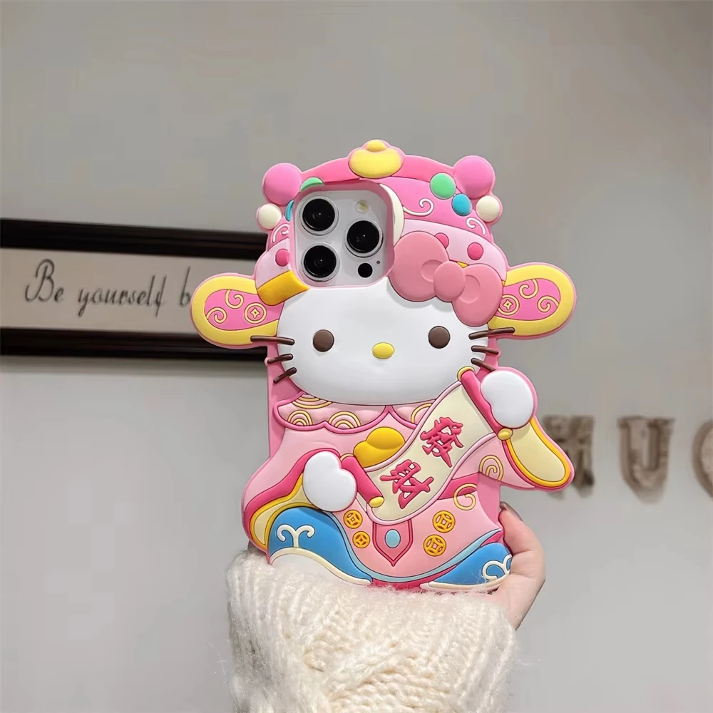 

Cartoon God of Wealth Hello Kitty Phone Cases for Iphone16 Pro Max 15 14 Plus 13 12 Pro Max Shockproof Soft Silicone Cover Cute