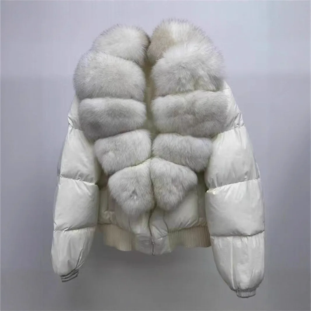 Women White Duck Down Zipper Parker Winter Natural Big Fur Collar Down Jacket Outwear Female Warm Thick Quilted Cotton Jacket
