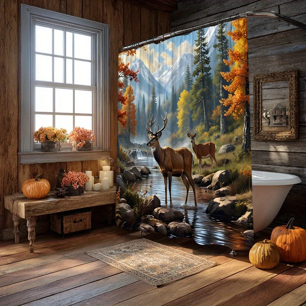 Waterproof Polyester Shower Curtain Autumn Deer Forest Nature Bathroom Decor Woodland Wildlife Curtain Fall Home Accessories