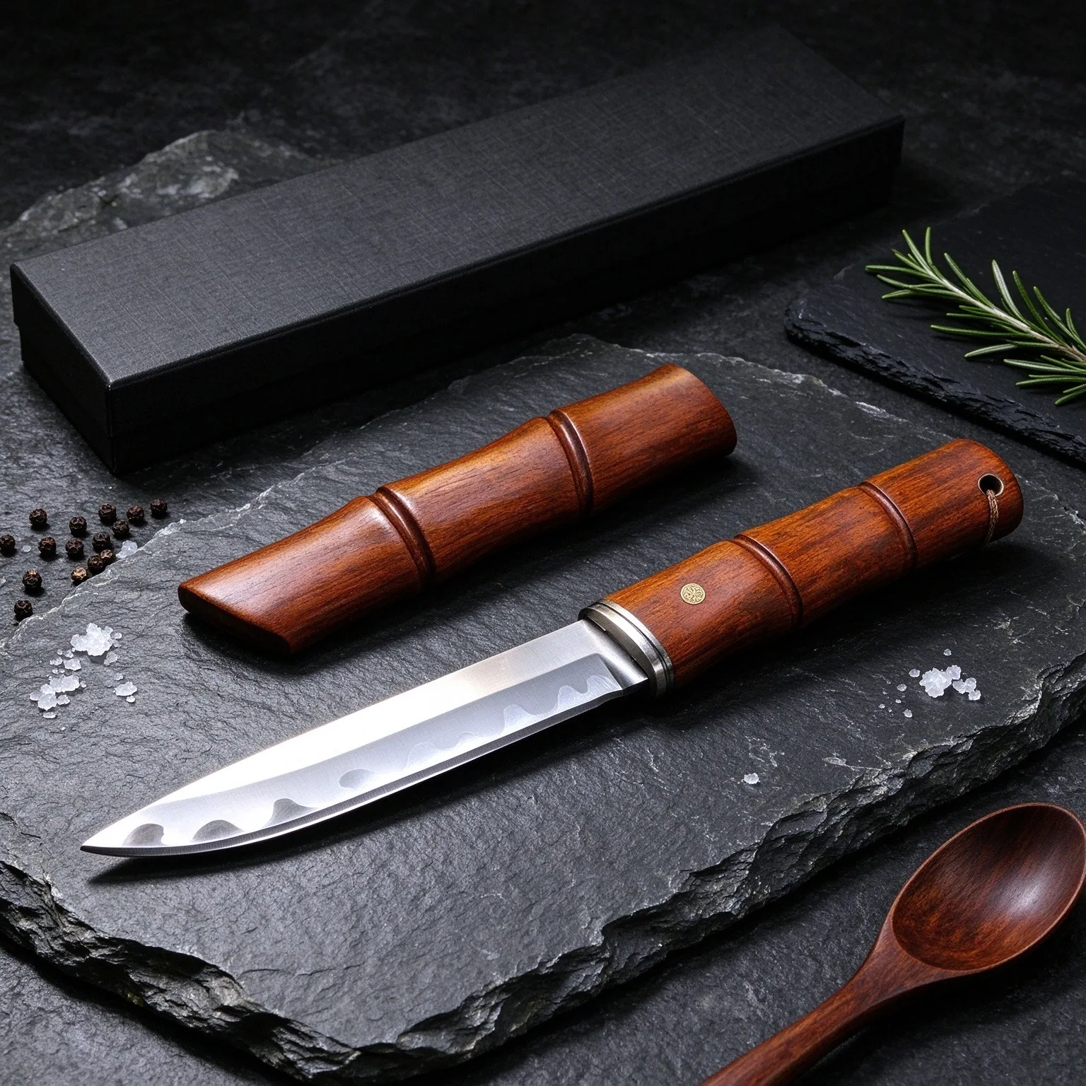 Professional kitchen knife with high hardness of 62HRC. It has a wooden handle and sheath. It is a kitchen bone-cutting knife