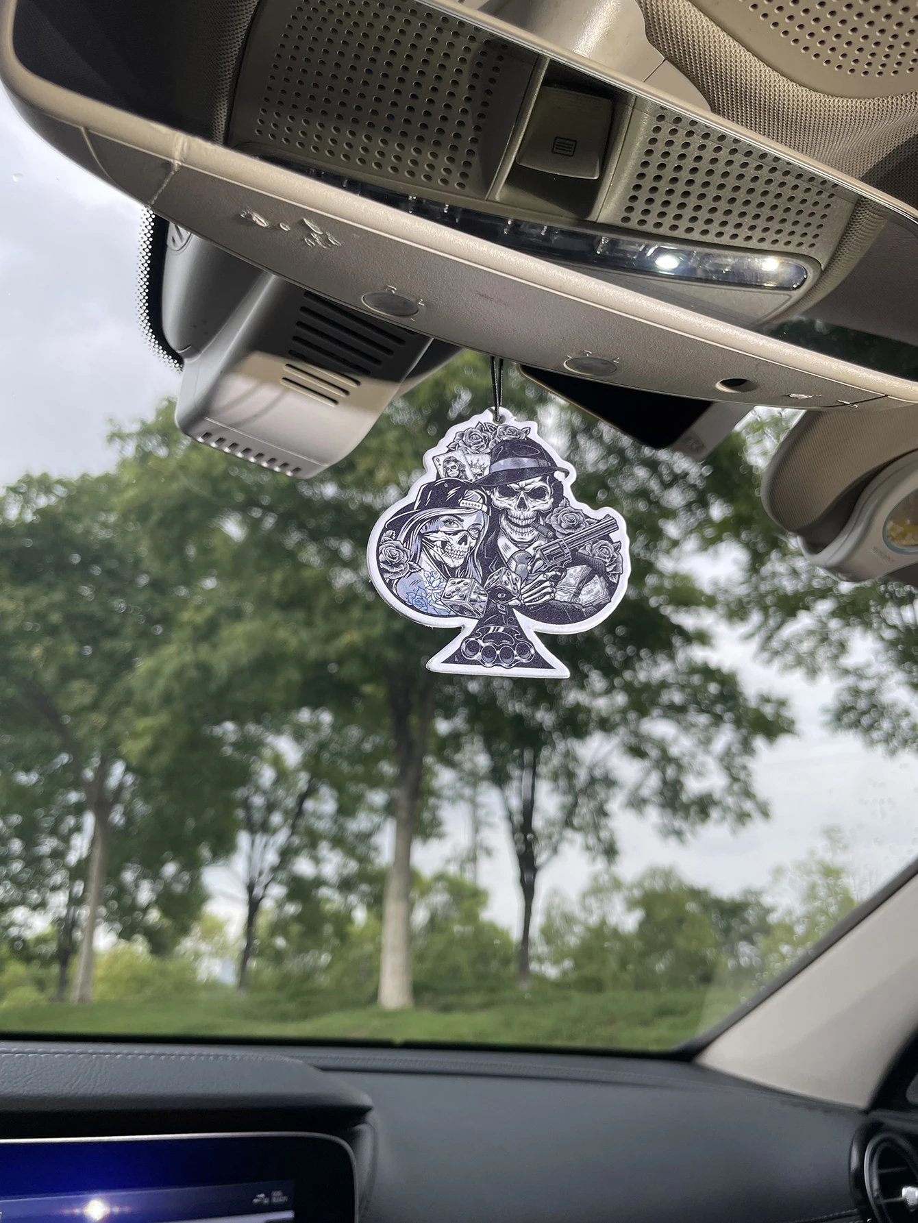Spade Shaped Skull Couple Hanging Car Air Freshener, Retro Gangster Skeleton Rose Poker Dice Graphic Scent Card, Natural Plant E
