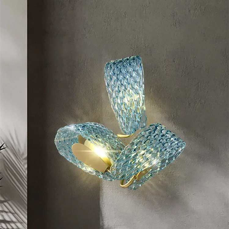 [Flowers] Blue crystal wall lamp Luxurious creative  bedside background wall modern all copper wall lamp