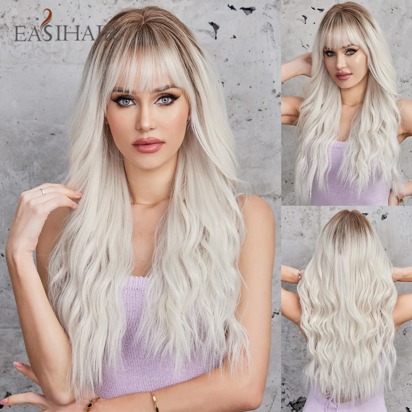 

EASIHAIR Platinum Blonde Long Water Wave Synthetic Wigs Natural Hair Wigs for Women With Bangs Cosplay Daily Wigs Heat Resistant