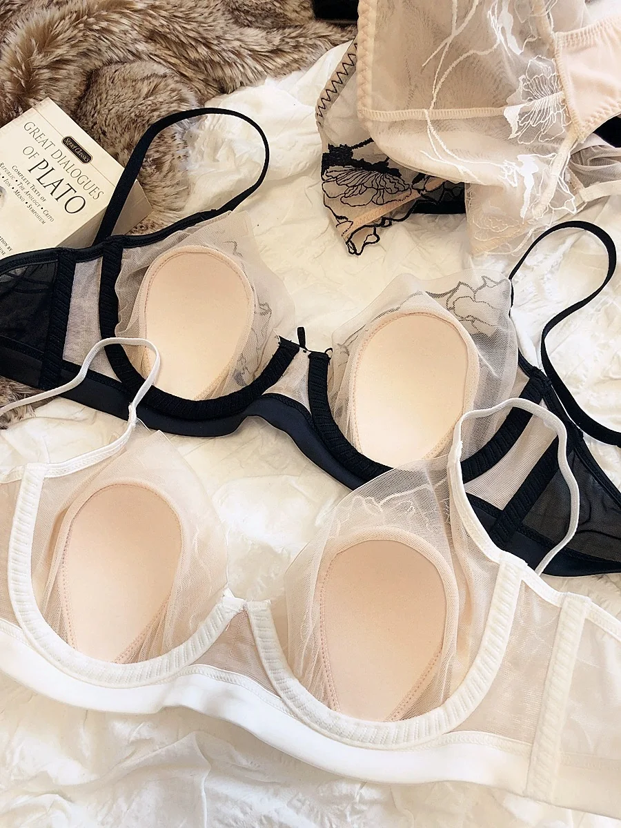 Sexy thin rabbit ears cup soft steel ring lingerie set bra Embroidered lace see-through large size underwear