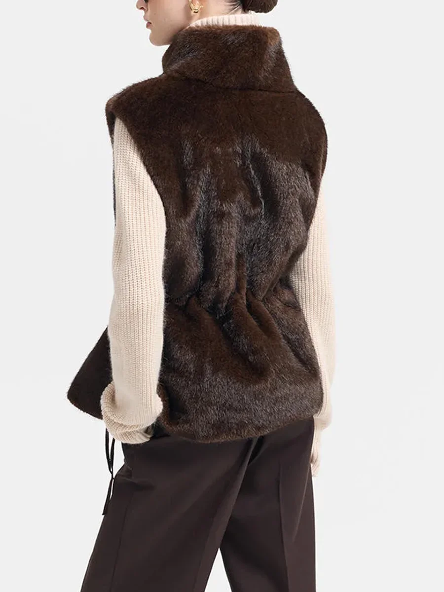 LIMO Women Brown Faux Mink Fur Vest High Neck Drawstring Waist Sleeveless Winter Gilet