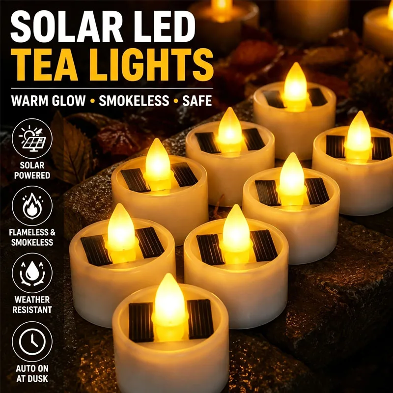Solar Flameless LED Tea Light Candles, Waterproof Outdoor Glow Votive Sets Dusk to Dawn for Christmas Halloween Party Decoration