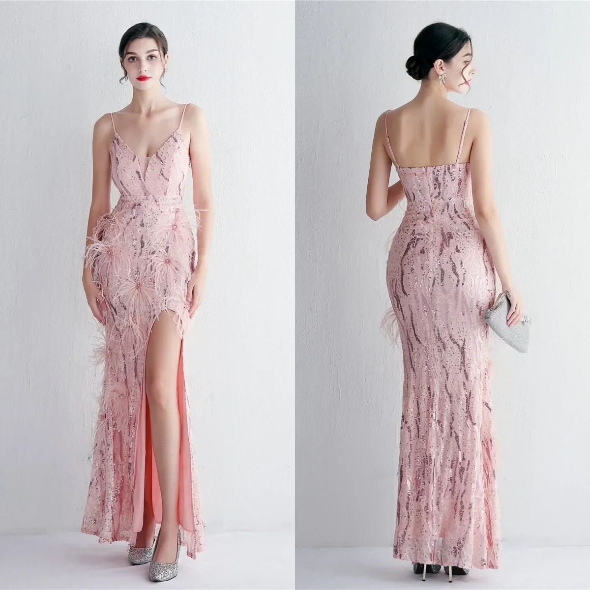 Evening Dress Pink Stretchy Sequins Sgaphetti Strps Feather Zipper Back Mermaid Trumpet Floor Length Women Party Formal Gowns