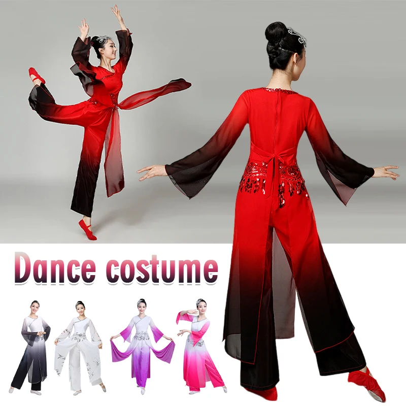 

Women Classical Dance Costumes Chinese Style Ink Gradient Dance Tops Pants Set Elegant Umbrella Dance Stage Performance Drsss