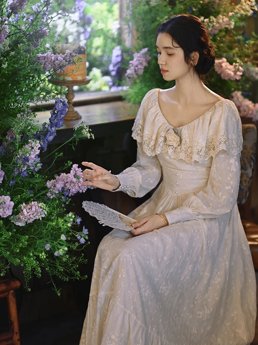 TIYIHAILEY Abito da donna in cotone primavera autunno con fodera a maniche lunghe lungo maxi da donna taglia S-XL fiori ricamati vintage da donna