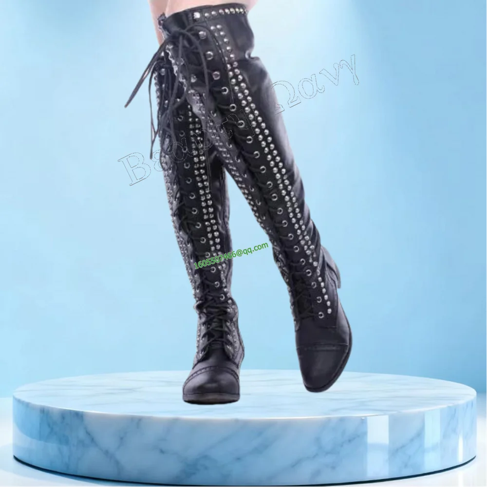 

Black Rivet Decor Knight's Boots Lace up Thigh High Solid Men's Shoes Round Toe High Shoes for Men 2024 Zapatos Para Hombres