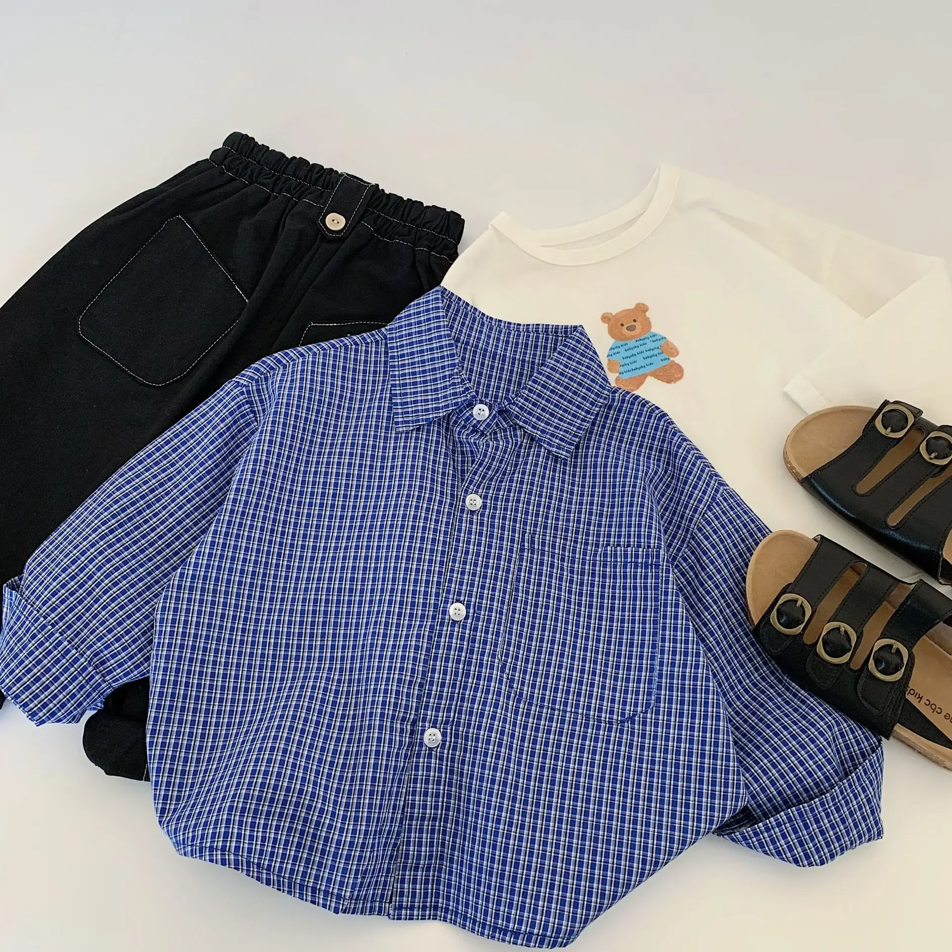 

Детская одежда, детская повседневная простая рубашка, весна 2024, красивый детский модный топ с лацканами в стиле ретро в корейском стиле с длинными рукавами