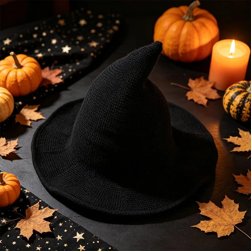 Halloween Knitted Witch Hat for Women Adult Black Pointed Knitted Hat Autumn Winter Men Pointed Wizard Hat Foldable Beanie Hat
