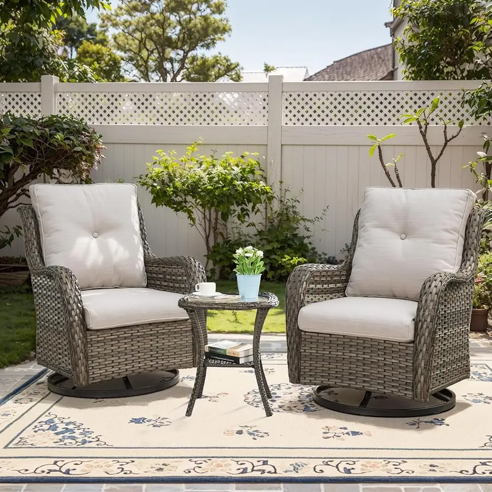 

3 Pcs Patio Furniture Set - Mixed Grey Wicker Swivel Rochairs With Side Table, Furniture Set For Outdoor