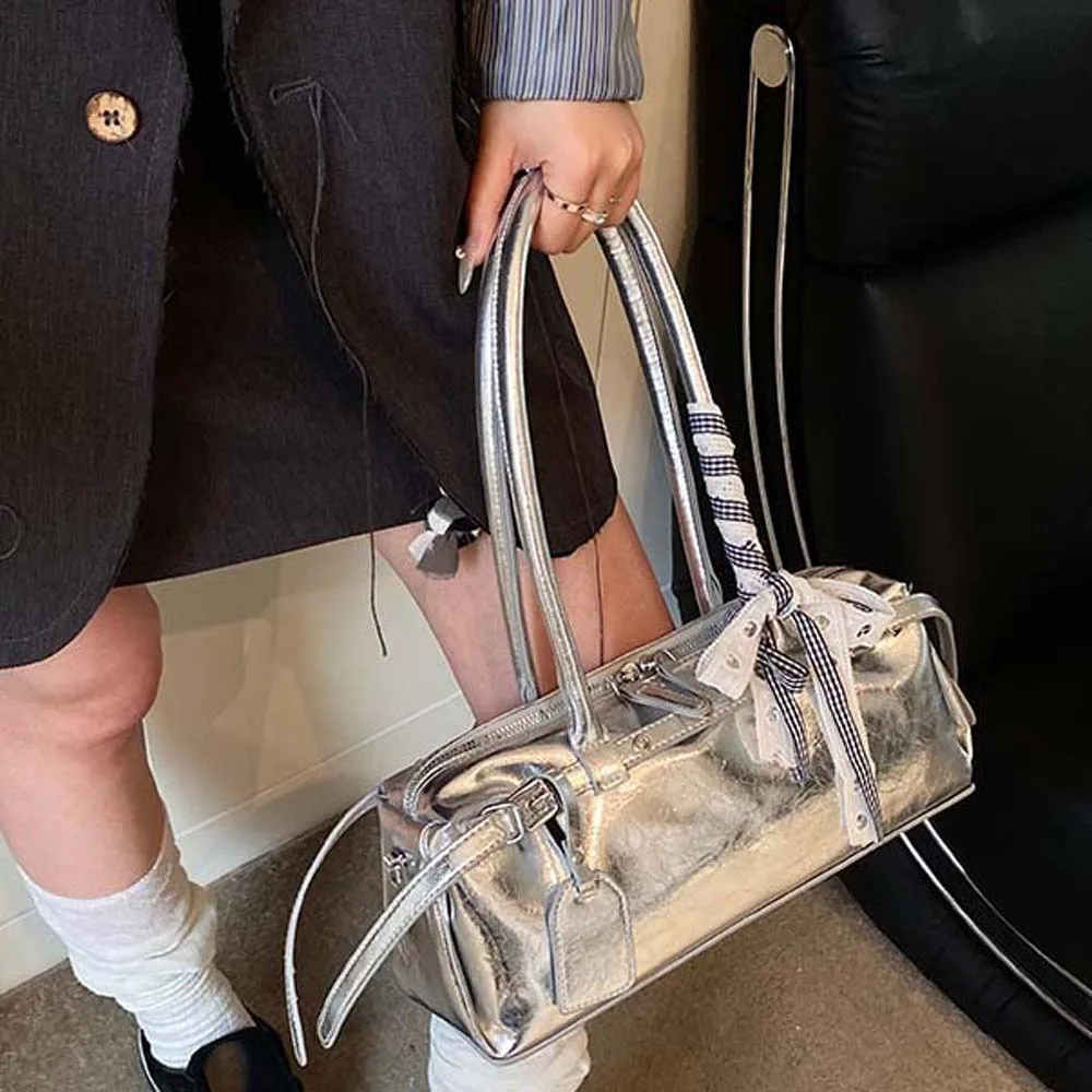 

Solid Color French Stick Handbag Bow Ribbon Y2K Silver PU Shoulder Bag High Quality Large Capacity Cylinder Underarm Bags Girls