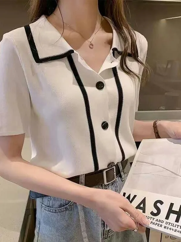 Été 2025 nouveau col ort Sve tricoté irt coupe ajustée décontracté haut tendance femmes Faion Premium Quali T-shirt