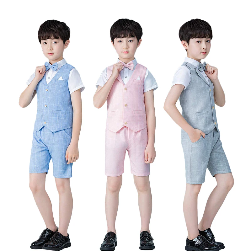 LOLANTA Boys 4Pcs Plaid Vest Shirt Shorts with Bowtie Gentlemen Formal Suits Toddler Wedding Birthday Tuxedo Causal Wear