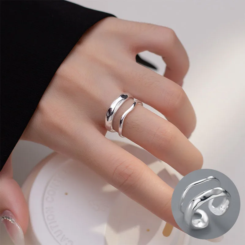 

100% 925 Sterling Silver Geometric Open Ring for Women Girl Simple Double Layered Wave Design Jewelry Party Gift Dropshipping