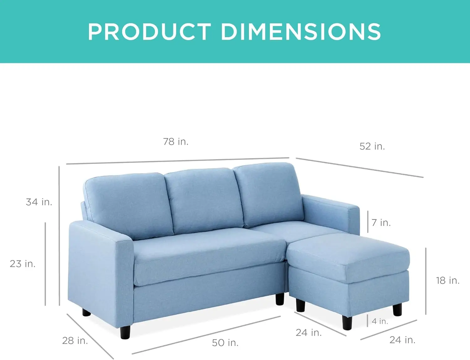 Upholstered Sectional Sofa for Home Apartment Dorm Bonus Room Compact Spaces Chaise Lounge 3 Seat L Shape Design Light Blue