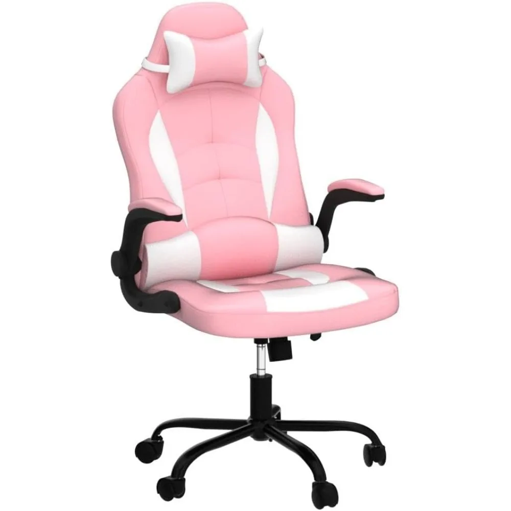 Chaise de Bureau Ergonomique Rose à Dossier Haut, Rotative, avec Support Lombaire et Accoudoirs Pliables