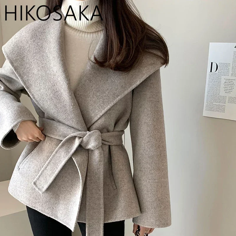 Korean Chic Elegant Turn-down Collar Belt Wollen Coats Solid All-match Long Sleeve Short Overcoat Autumn Winter Commuter Jacket