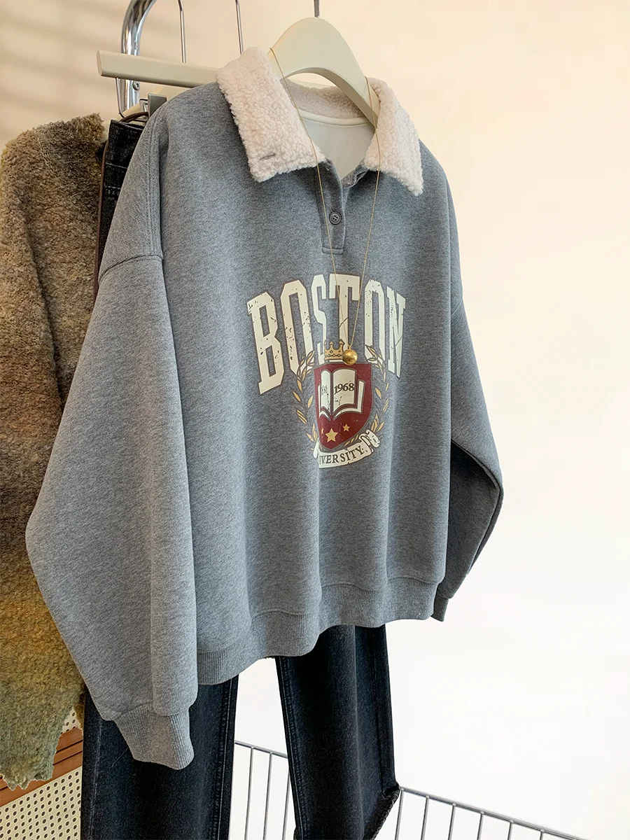 Extra grote 300 pou ey Hoodl Fce gevoerde sweatirt dames herfst winter losse thiened overhead rits neline