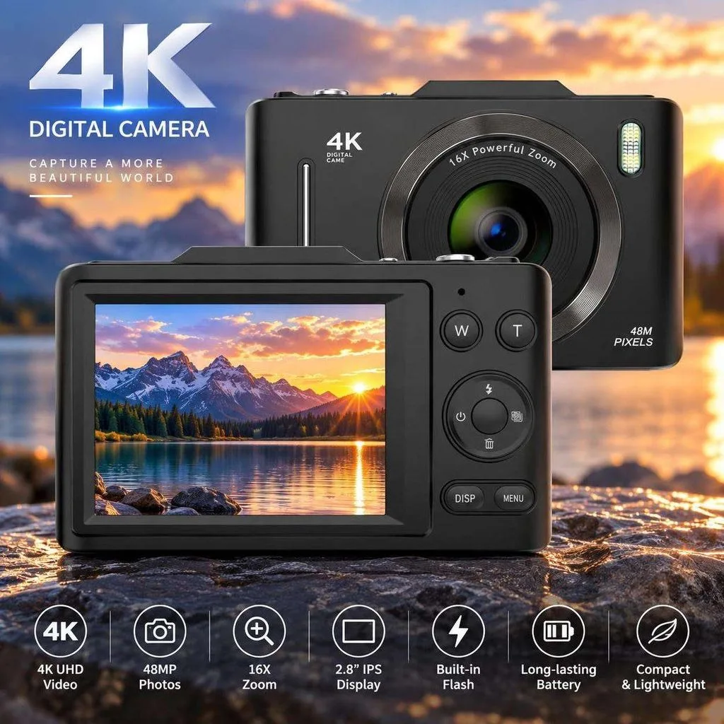 Fotocamera digitale 4K, schermo IPS da 2,8", zoom digitale 16x, stabilizzazione dell'immagine, funzione di scatto in sequenza, luce di riempimento a LED, fotocamera portatile con funzioni integrate.